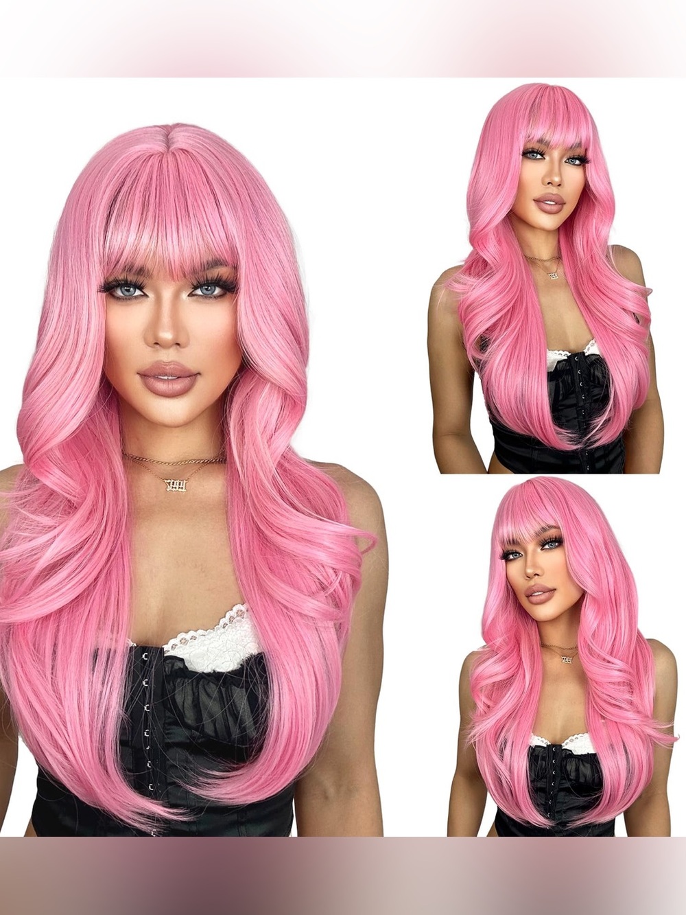 Pink 26” Long Layered Synthetic Wig With Bangs Adult Size Halloween Cosplay
